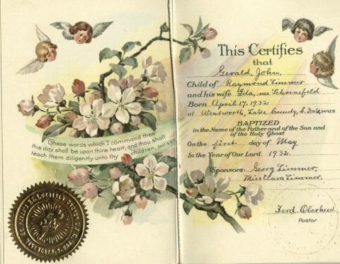 Limmer, Gerald Baptism Certificate
